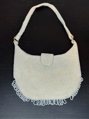 Vintage White Micro Beaded Shoulder Bag Hobo Fringed Flap Closure
